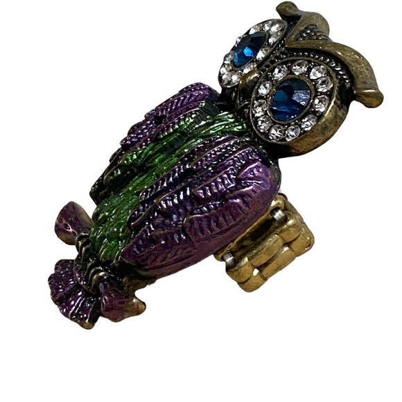 Vintage Boho Owl Ring Purple Green Rhinestone Adjustable Stretch Bronze Tone - Picture 3 of 6